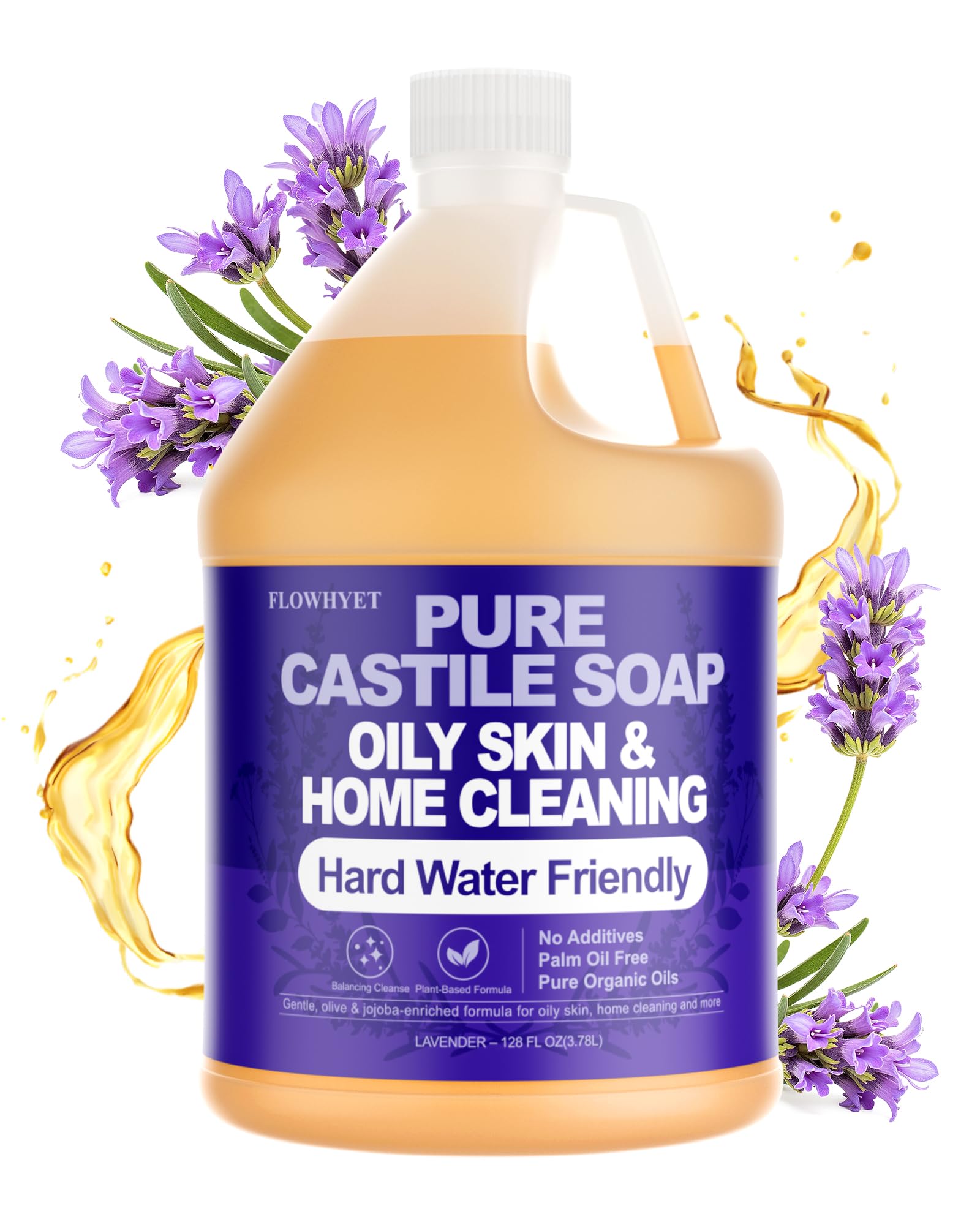 FLOWHYET Lavender Liquid Castile Hand Soap Refill – 1 Gallon, Plant-Based, Hard Water Safe