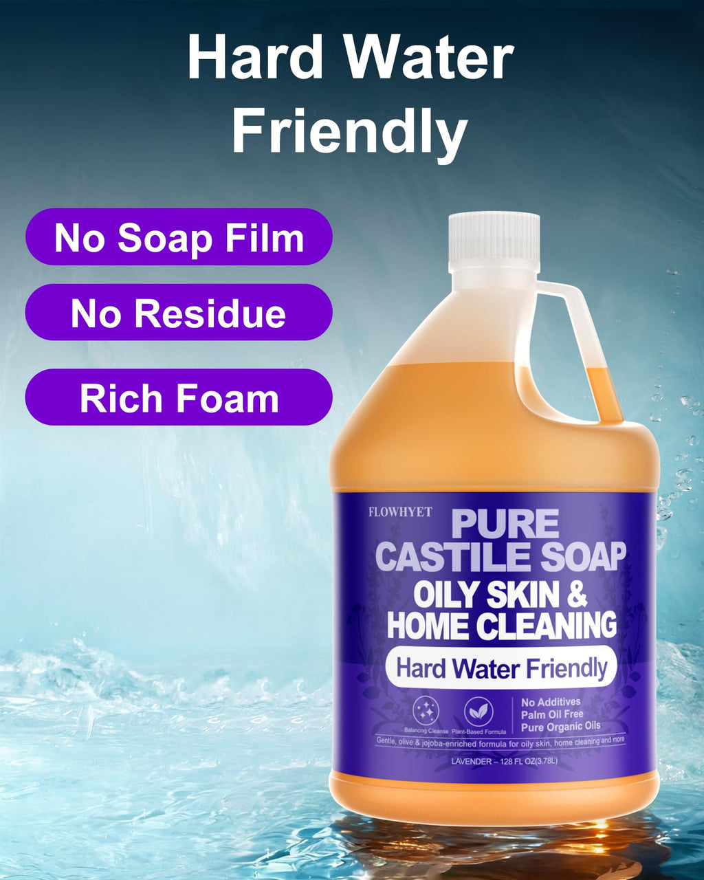 FLOWHYET Lavender Liquid Castile Hand Soap Refill – 1 Gallon, Plant-Based, Hard Water Safe