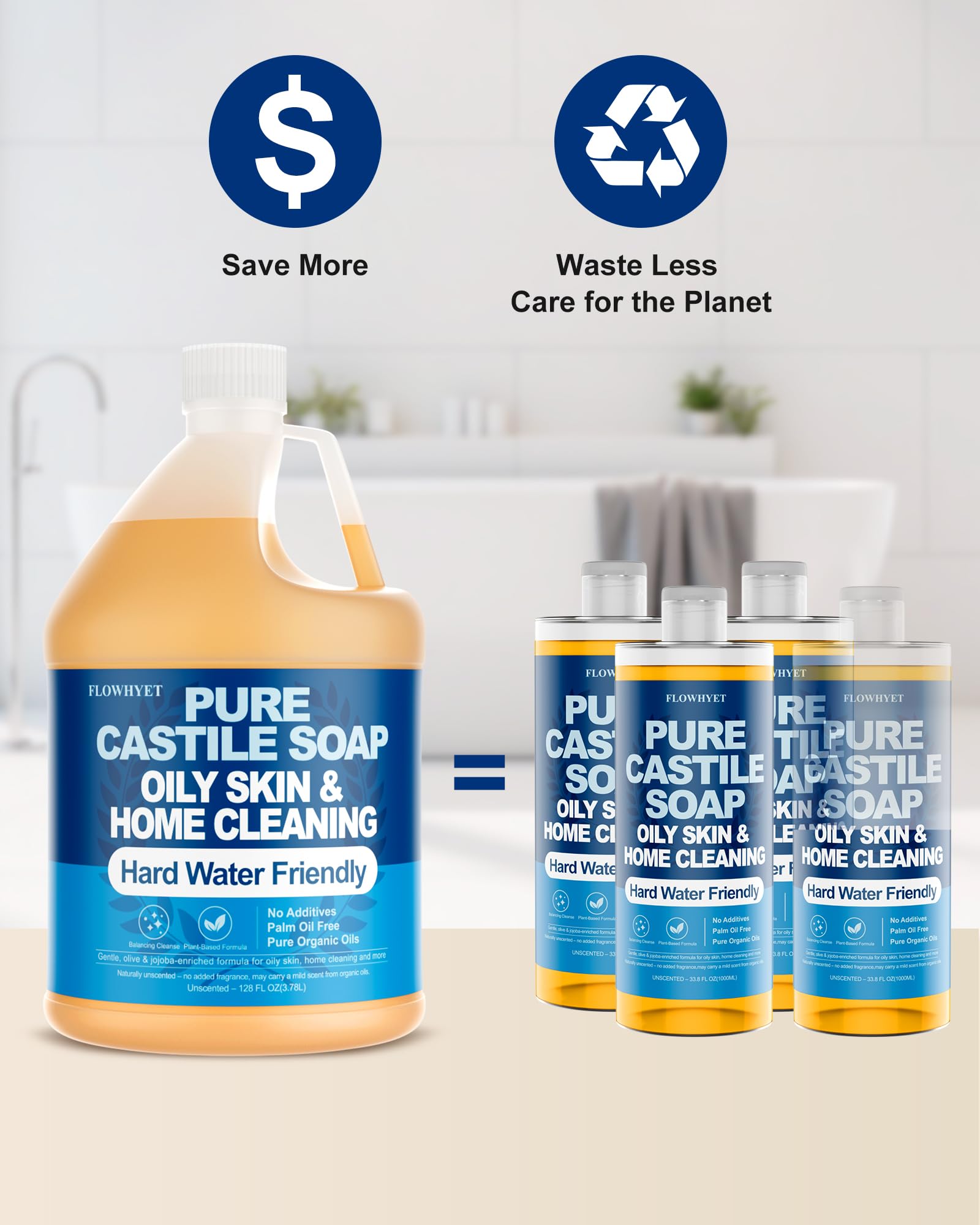 FLOWHYET Pure Castile Soap Liquid Unscented – 1 Gallon Refill | Organic Multi-Purpose Cleanser
