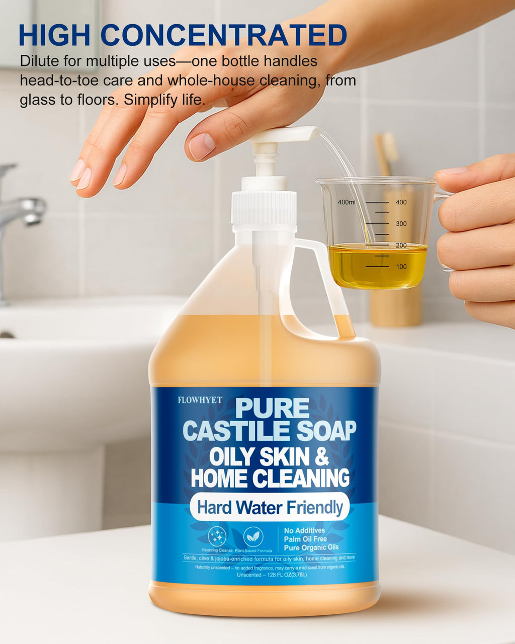 FLOWHYET Pure Castile Soap Liquid Unscented – 1 Gallon Refill | Organic Multi-Purpose Cleanser