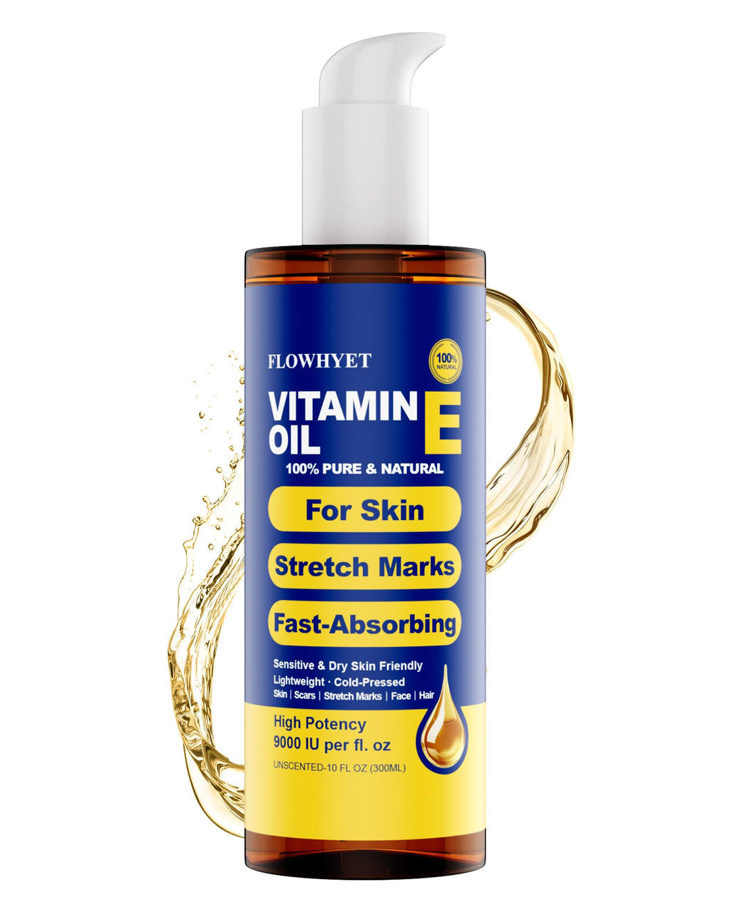 FLOWHYET Pure Vitamin E Oil for Skin – Lightweight, Fast-Absorbing 300ml