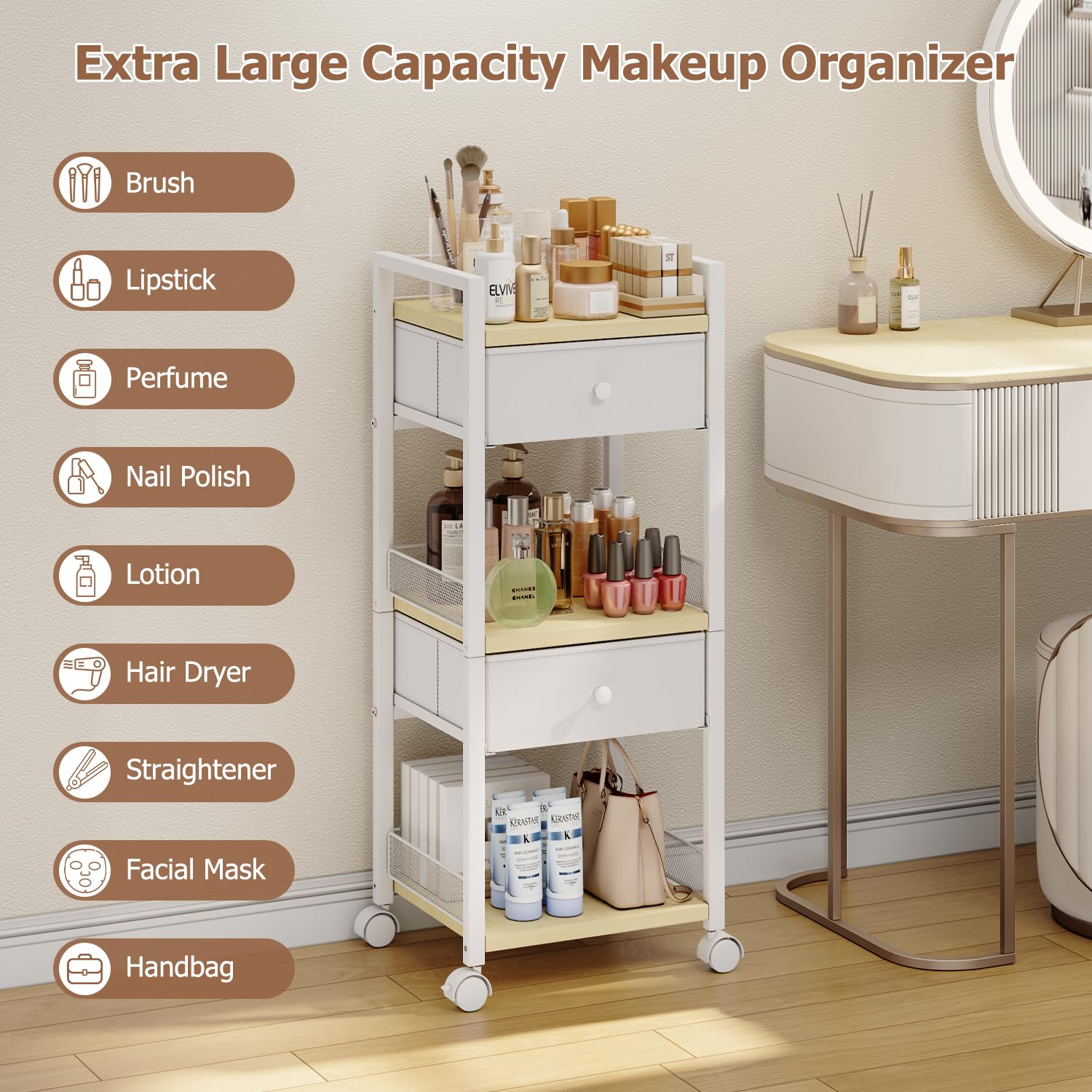 Flycity Makeup Organizer Cart with Drawers – 5-Tier Rolling Vanity, White