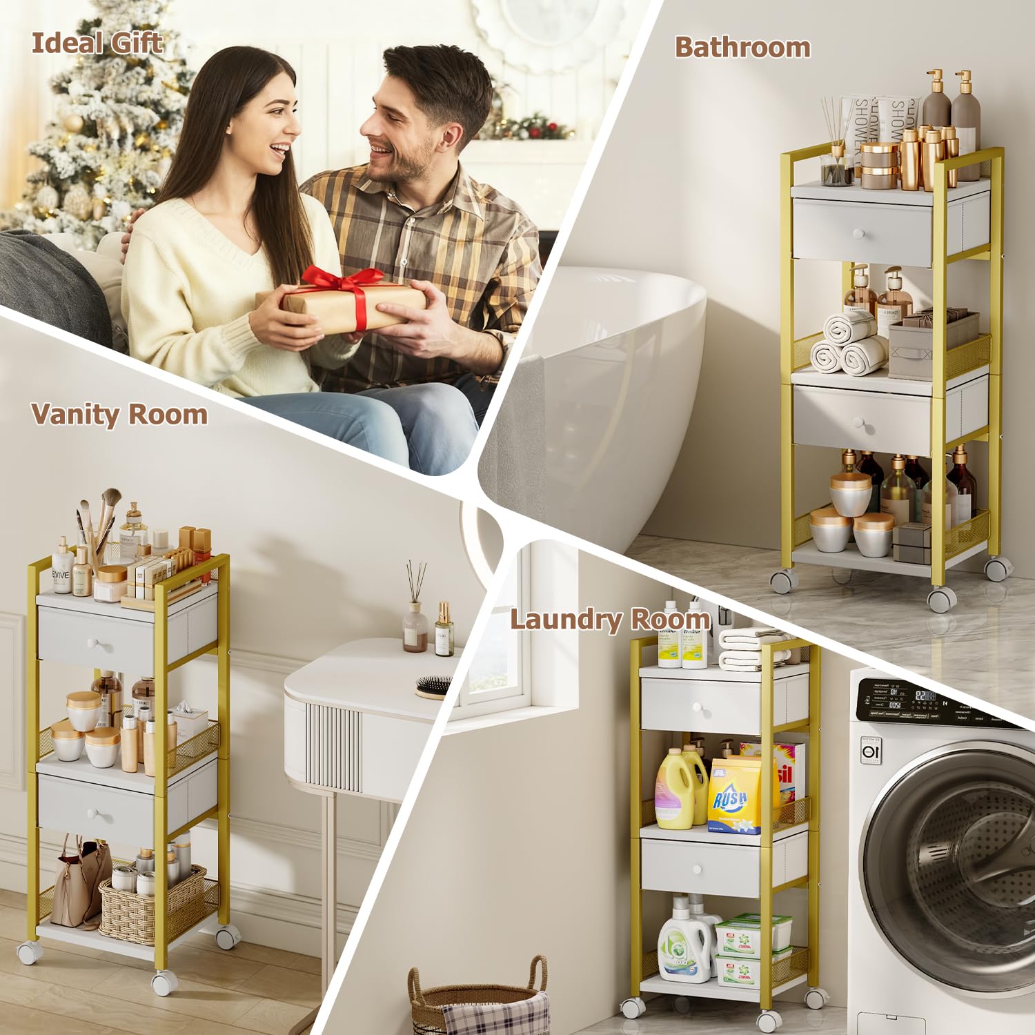 Flycity 5-Tier Rolling Makeup Cart with Drawers – Gold Vanity Organizer on Wheels