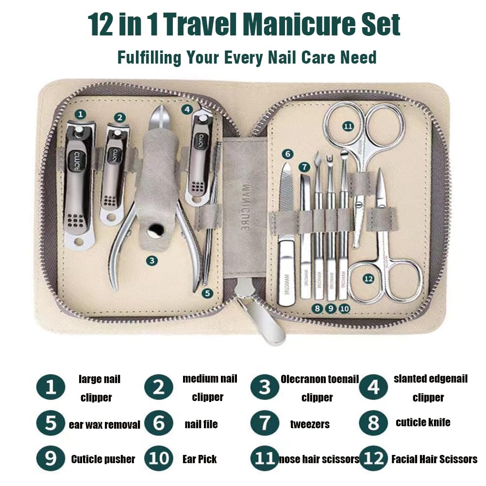 FNCIXING 12-in-1 Manicure Kit with Nail Scissors & Cuticle Cutter – Grey