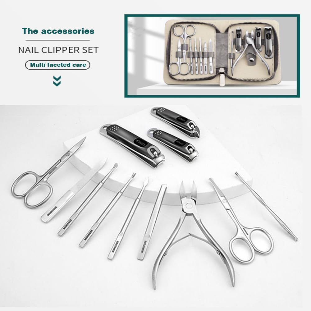FNCIXING 12-in-1 Manicure Kit with Nail Scissors & Cuticle Cutter – Grey