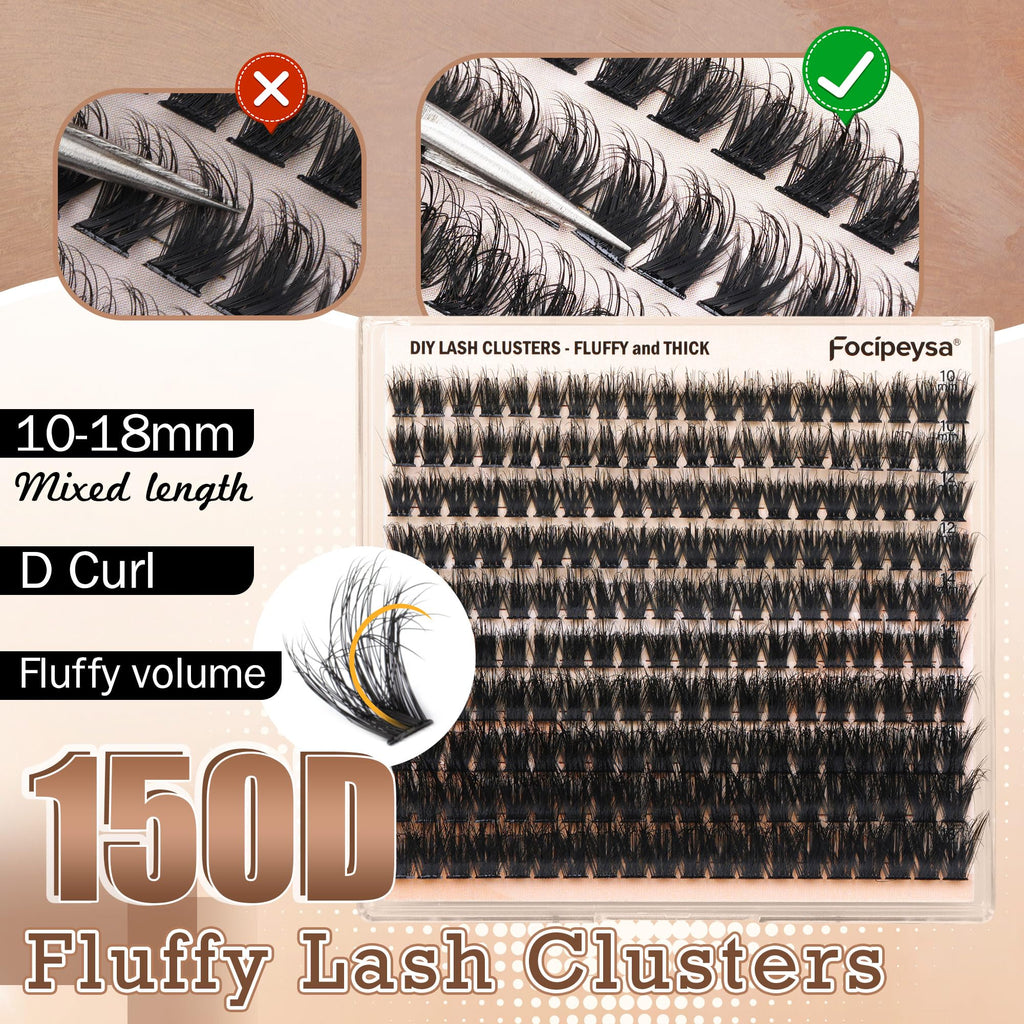Focipeysa Full Volume Lash Extension Kit 200Pcs – DIY Lash Clusters with Bond, Seal & Tweezers | 150D 10-18mm D Curl