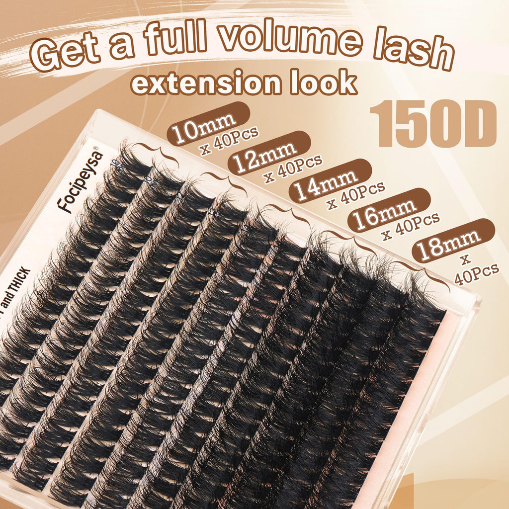 Focipeysa Full Volume Lash Extension Kit 200Pcs – DIY Lash Clusters with Bond, Seal & Tweezers | 150D 10-18mm D Curl