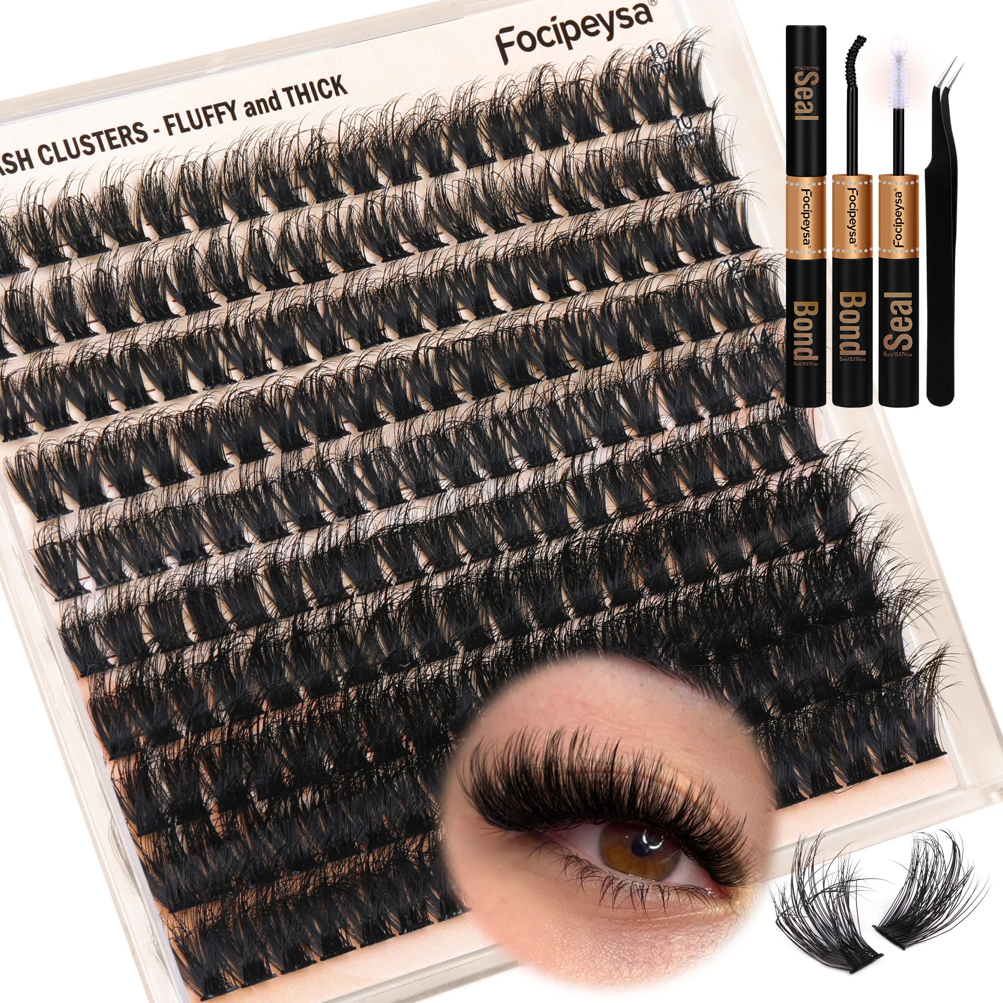 Focipeysa Full Volume Lash Extension Kit 200Pcs – DIY Lash Clusters with Bond, Seal & Tweezers | 150D 10-18mm D Curl