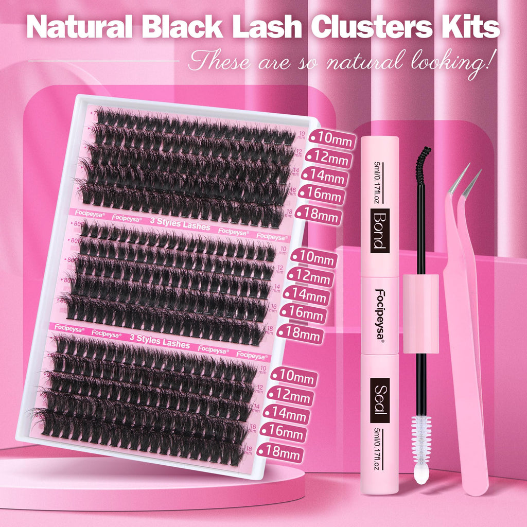 Focipeysa Full Volume Lash Extension Kit 70D/80D/90D — DIY Lash Clusters 10-18mm