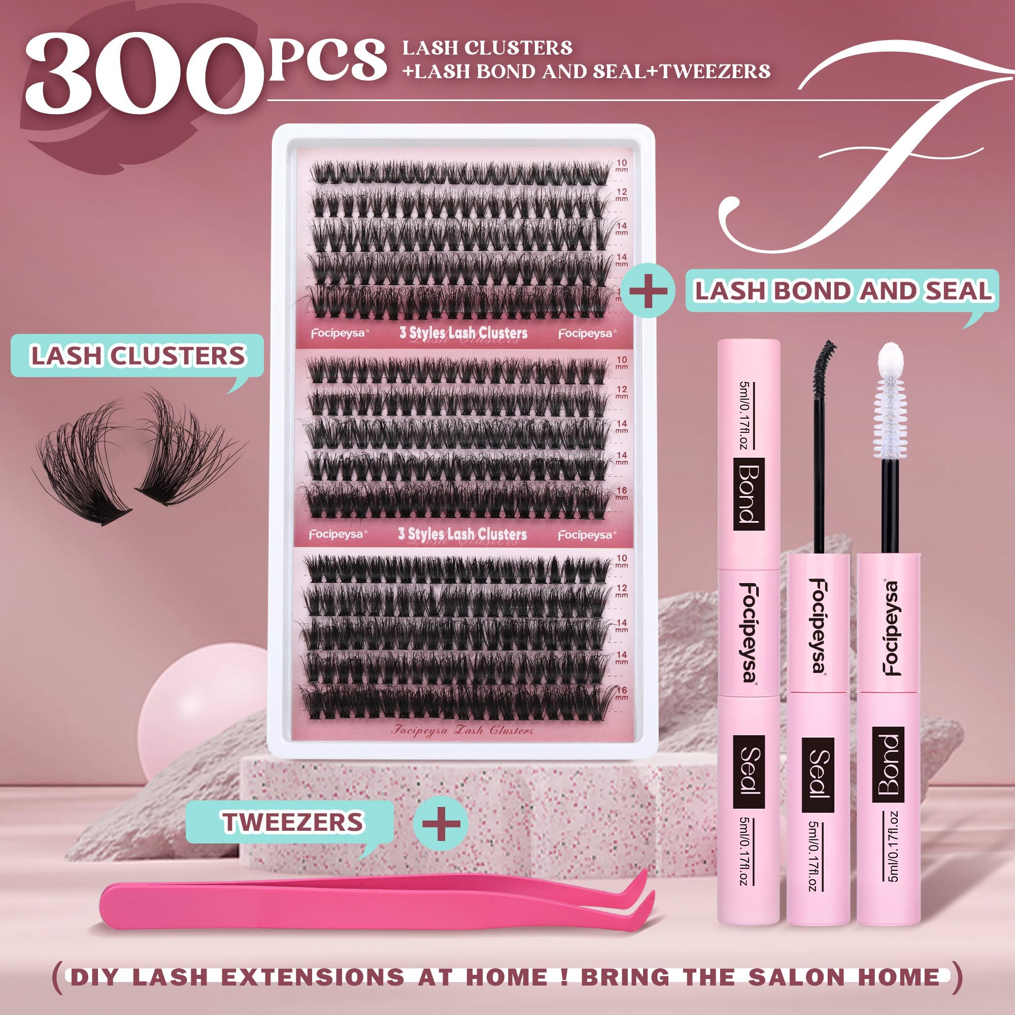 Focipeysa Lash Extension Kit 300pcs – DIY Volume Clusters 9-16mm (60D-80D)