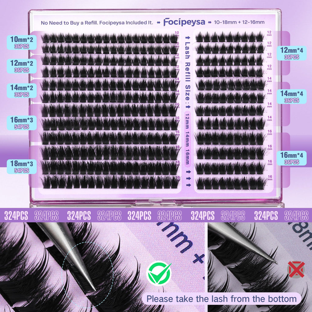 Focipeysa Lash Clusters Fluffy Spike – DIY 324pcs 200D Volume Lashes 10-18mm