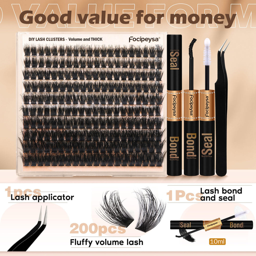 Focipeysa Full Volume Lash Extension Kit 200Pcs – DIY Lash Clusters with Bond, Seal & Tweezers | 150D 10-18mm D Curl
