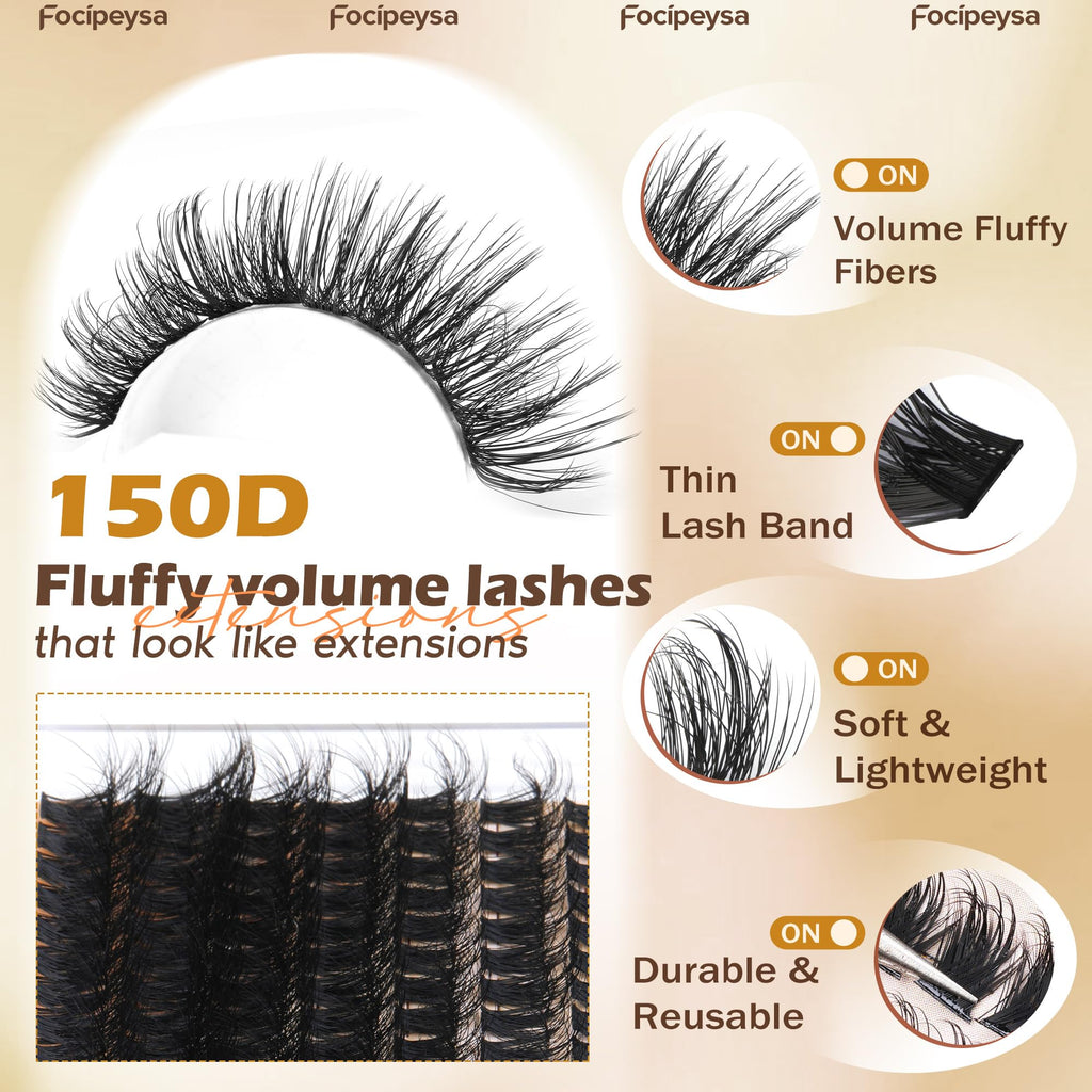 Focipeysa Full Volume Lash Extension Kit 200Pcs – DIY Lash Clusters with Bond, Seal & Tweezers | 150D 10-18mm D Curl