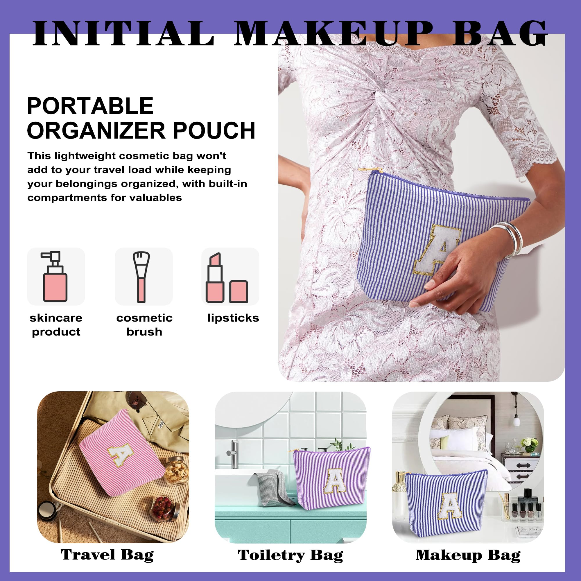 Fohufo Travel Makeup Bag Organizer – Initial Zipper Toiletry Bag for Women (Blue Letter G)