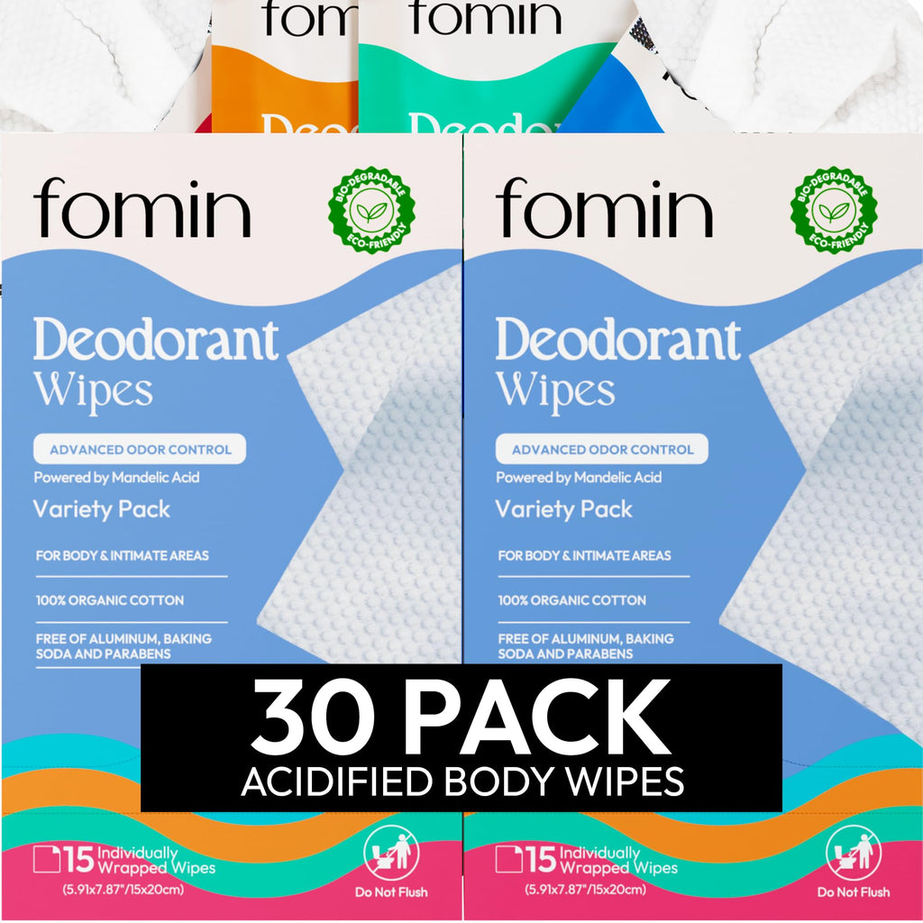 FOMIN Acidified Travel Deodorant Wipes – 30 Count, pH-Balanced, Plastic-Free, Travel Size