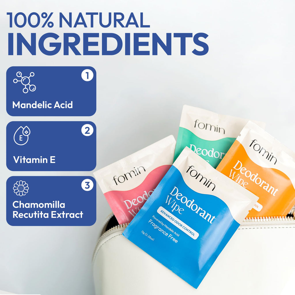 FOMIN Acidified Travel Deodorant Wipes – 30 Count, pH-Balanced, Plastic-Free, Travel Size