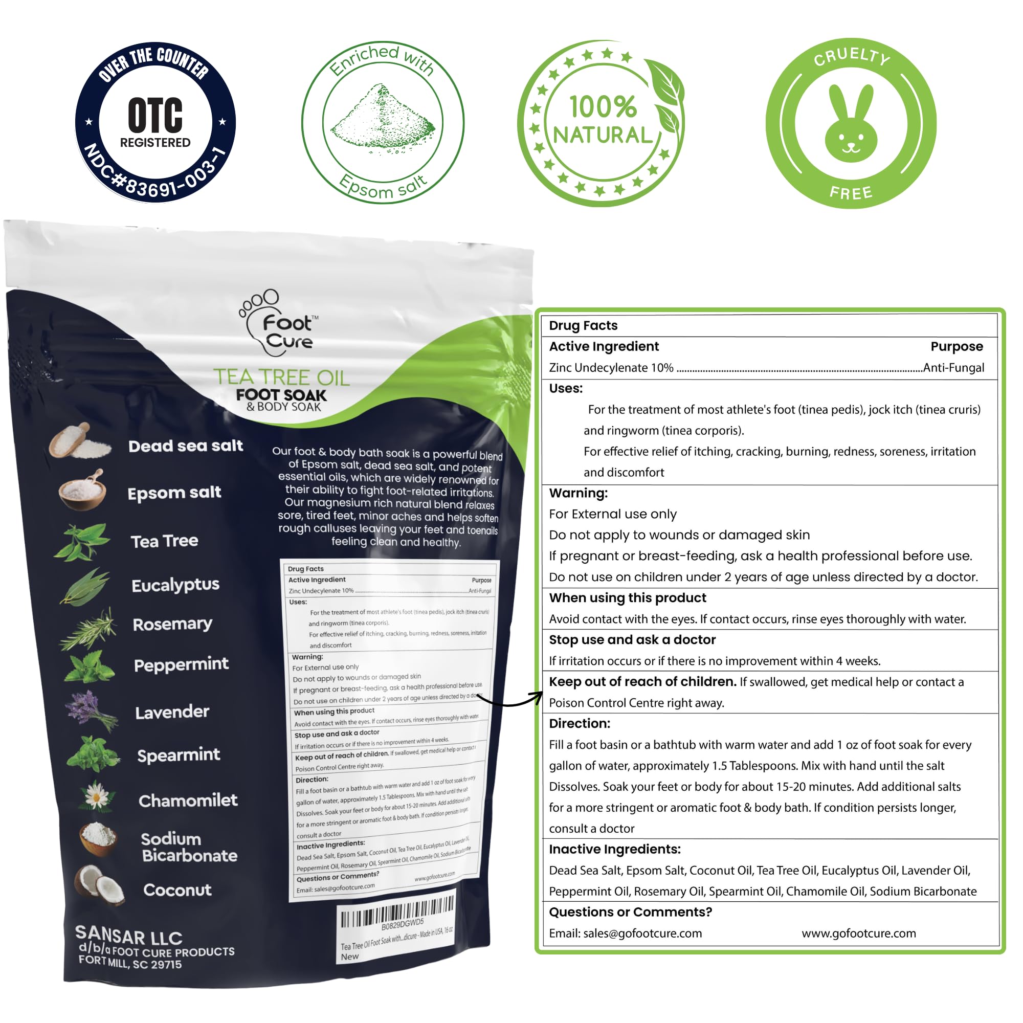 FOOT CURE Tea Tree Oil & Soothing Lavender Foot Soak with Epsom Salt – 16 oz Pack of 2 for Spa Pedicure & Softened Calluses