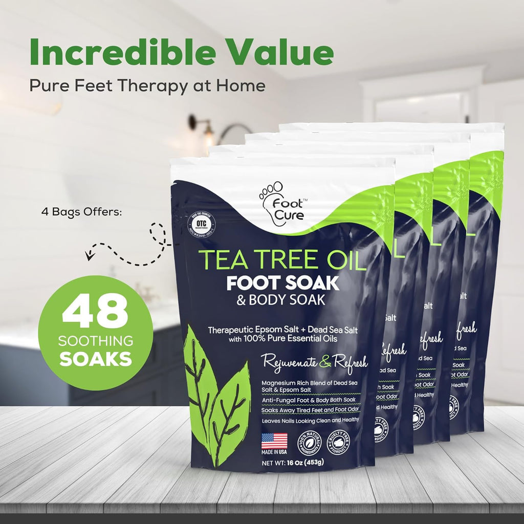 FOOT CURE Tea Tree Oil Foot Soak with Epsom Salts – Pack of 4 for Foot Comfort, Odor & Calluses