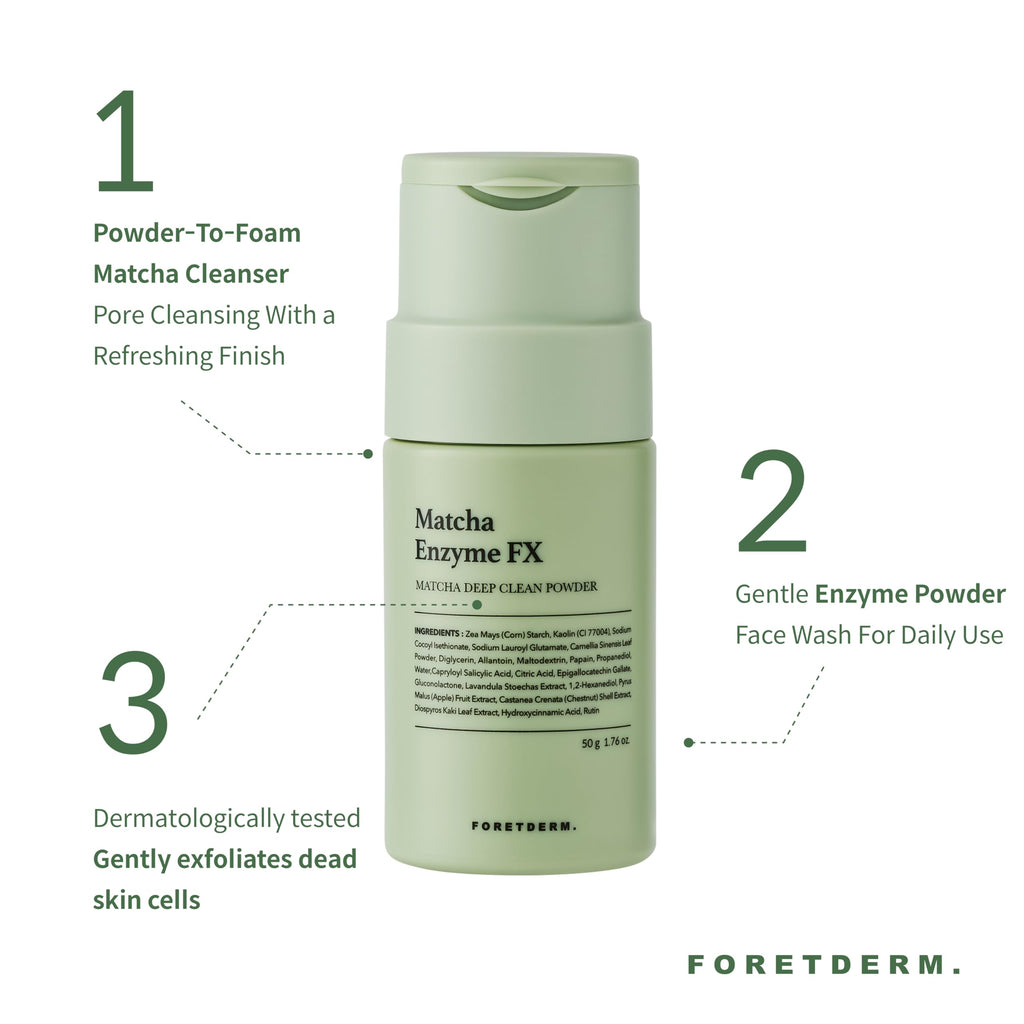 FORETDERM Matcha Enzyme FX Powder-To-Foam Cleanser – Fragrance-Free Hydrating Korean Face Wash