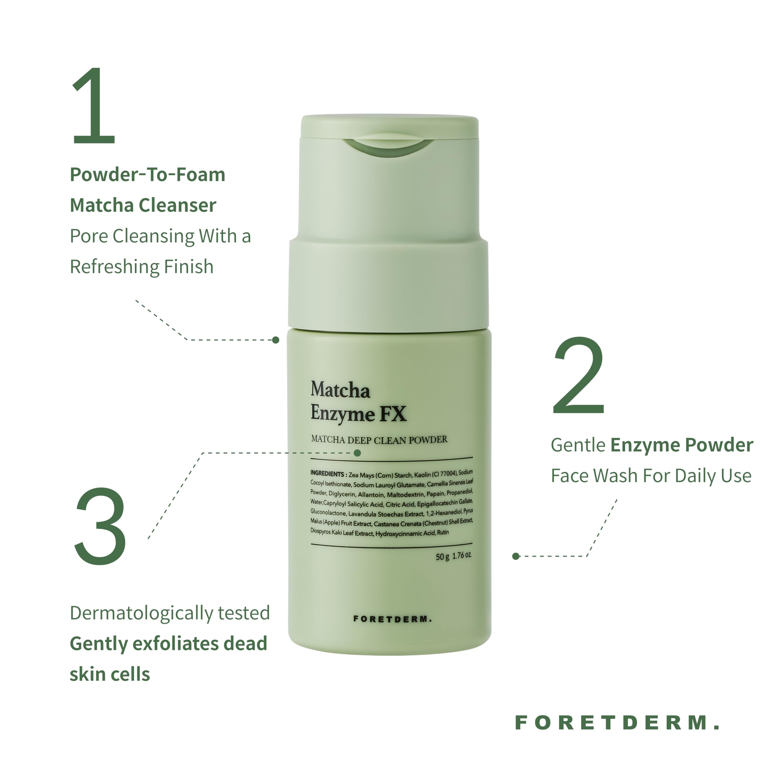 FORETDERM Matcha Enzyme FX Powder-To-Foam Cleanser – Fragrance-Free Hydrating Korean Face Wash