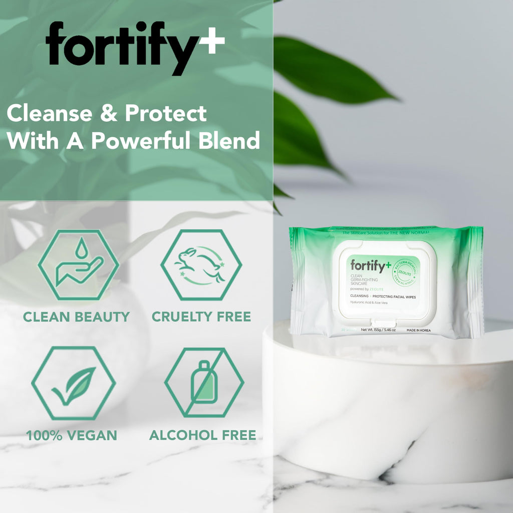 Fortify Skincare Face Cleansing Wipes with Hyaluronic Acid, Aloe Vera & Zeolite (30 Count)