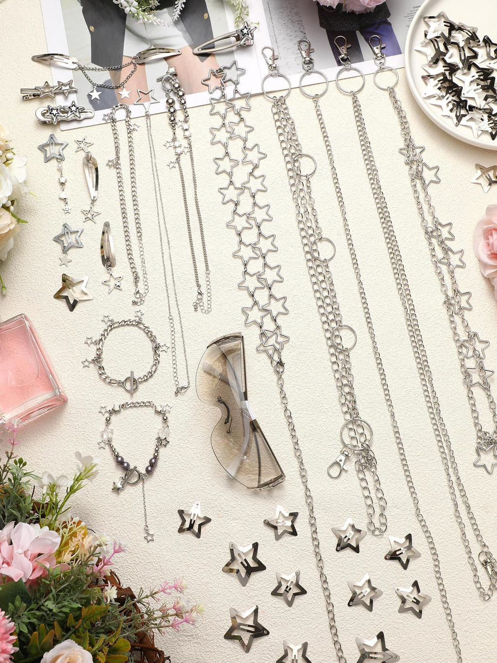 Fourluoo 60 Pcs Y2K Accessories Set — Gradient Silver & Silver | Chokers, Bracelets, Sunglasses, Hair Clips