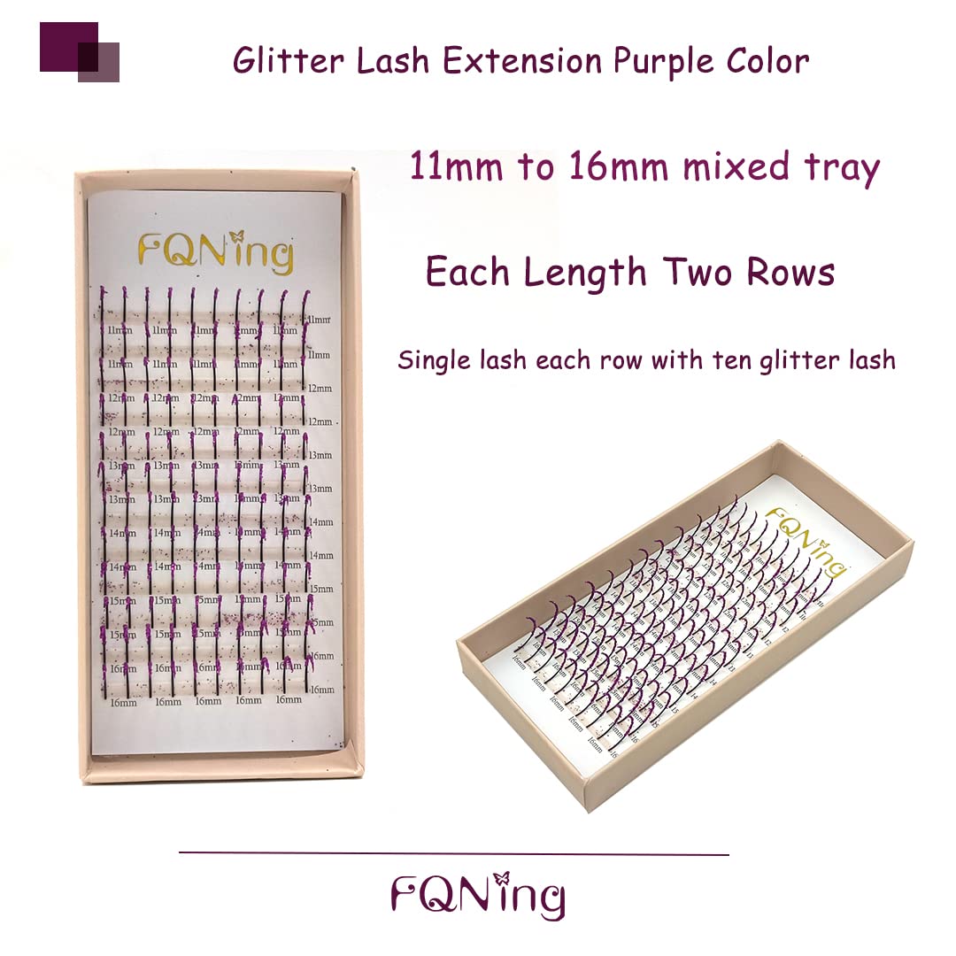 FQNing Glitter Eyelash Extensions Purple Spike – 11mm-16mm, D Curl, Professional Supplies