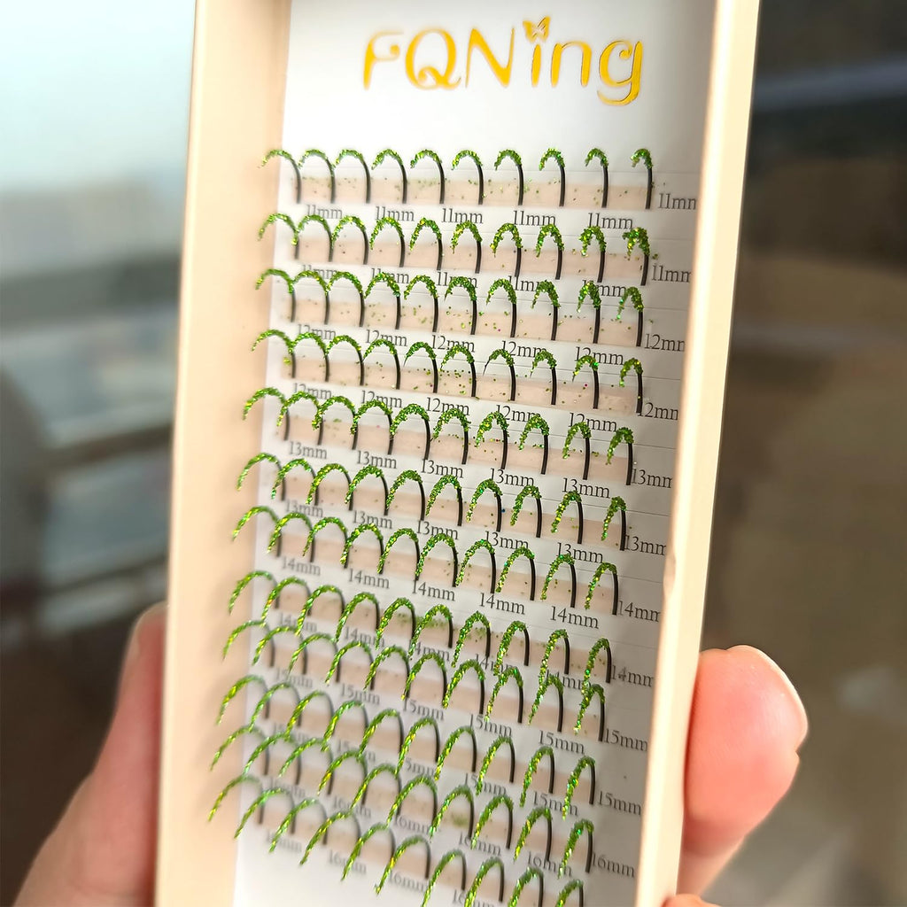 FQNing Glitter Eyelash Extensions - Light Green Sparkle, 11-16mm, 0.20D, D Curl