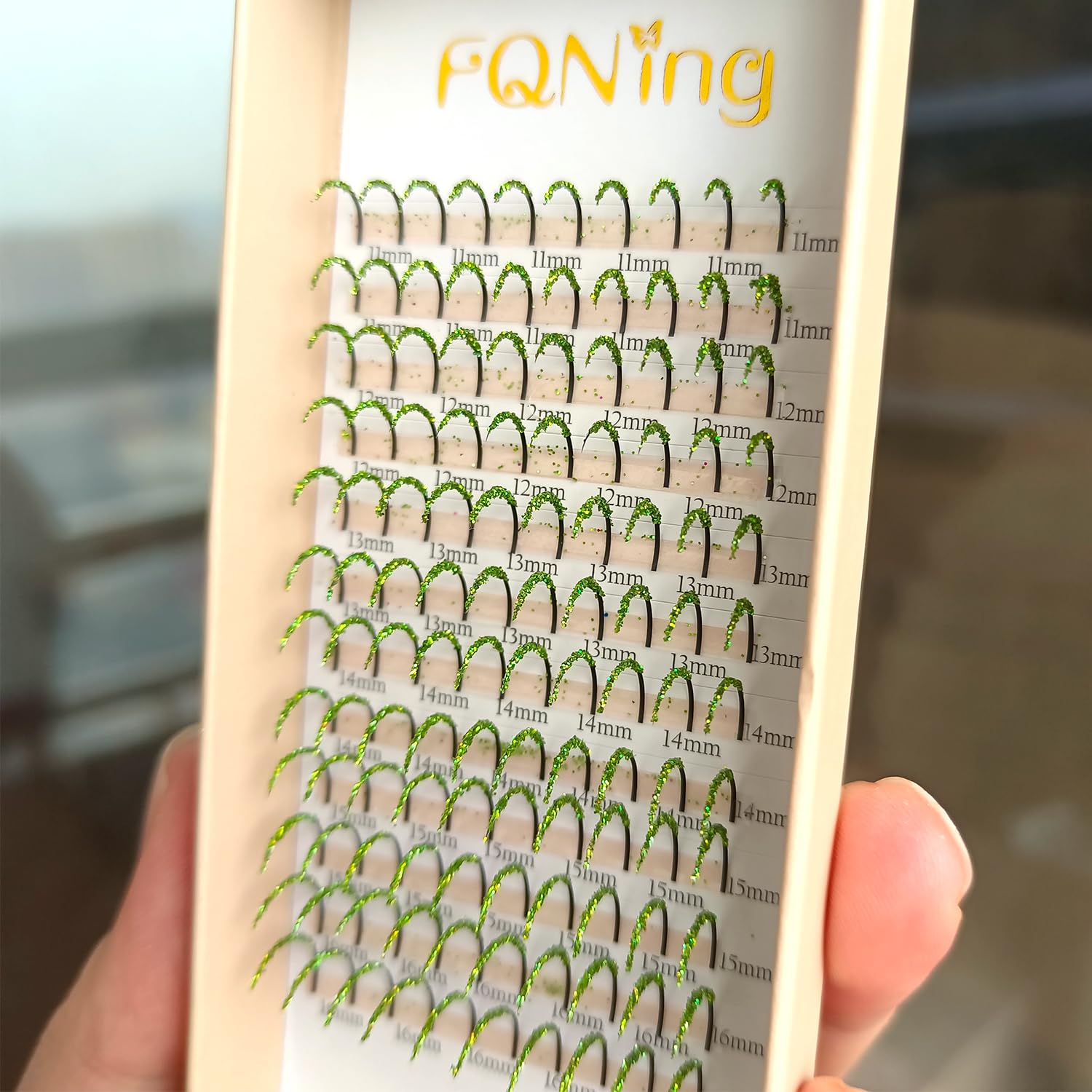 FQNing Glitter Eyelash Extensions - Light Green Sparkle, 11-16mm, 0.20D, D Curl