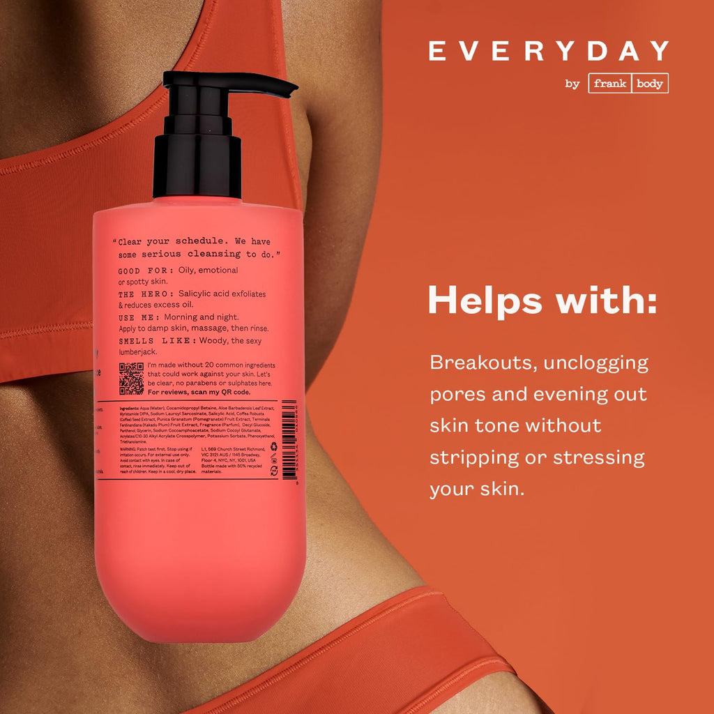 frank body Clearing Body Wash – Vegan, Cruelty-Free | Salicylic Acid | Mandarin & Cedarwood | 360mL
