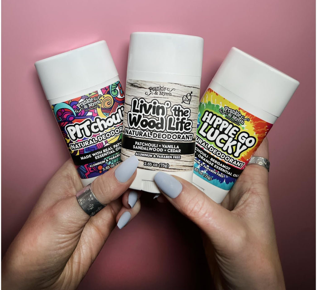 Frankie & Myrrh Patchouli Trio — Natural Deodorant Set (Hippie Go Lucky, Pitchouli, Livin' the Wood Life) | Aluminum-Free