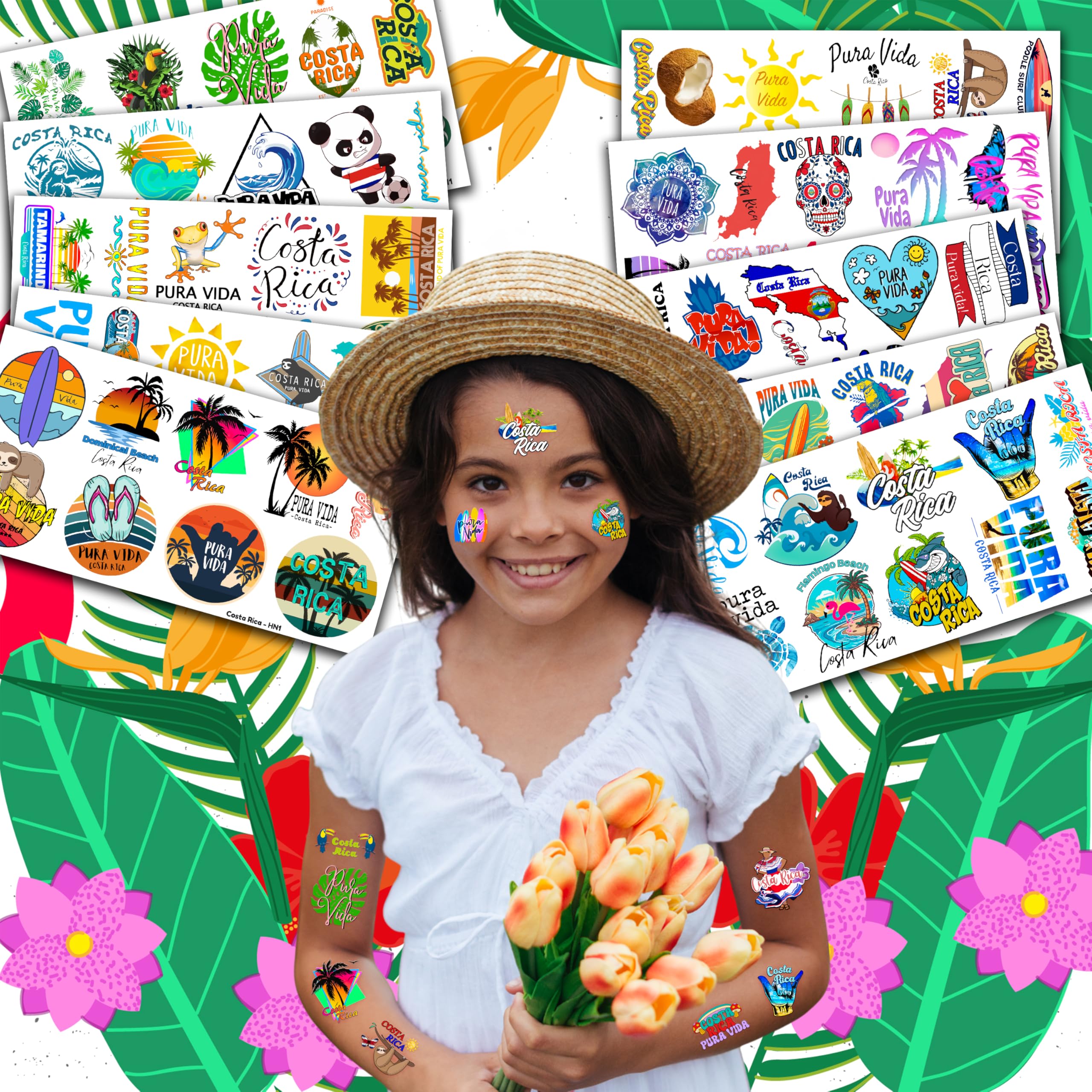 frawharmone Costa Rica Pura Vida 100PCS Temporary Tattoos – Kids Beach Party Stickers