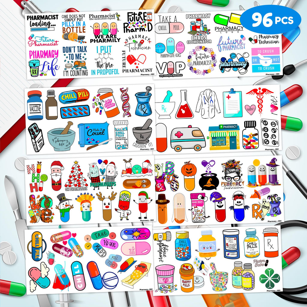 Frawharmone 96PCS Funny Future Pharmacy Temporary Tattoos – Party Decor & Gifts