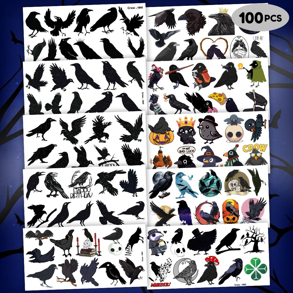 Frawharmone 100PCS Crow Bird Temporary Tattoos – Halloween Raven Gothic Stickers for Kids
