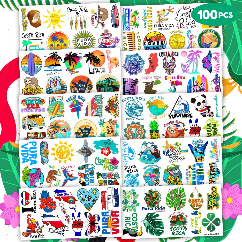 frawharmone Costa Rica Pura Vida 100PCS Temporary Tattoos – Kids Beach Party Stickers