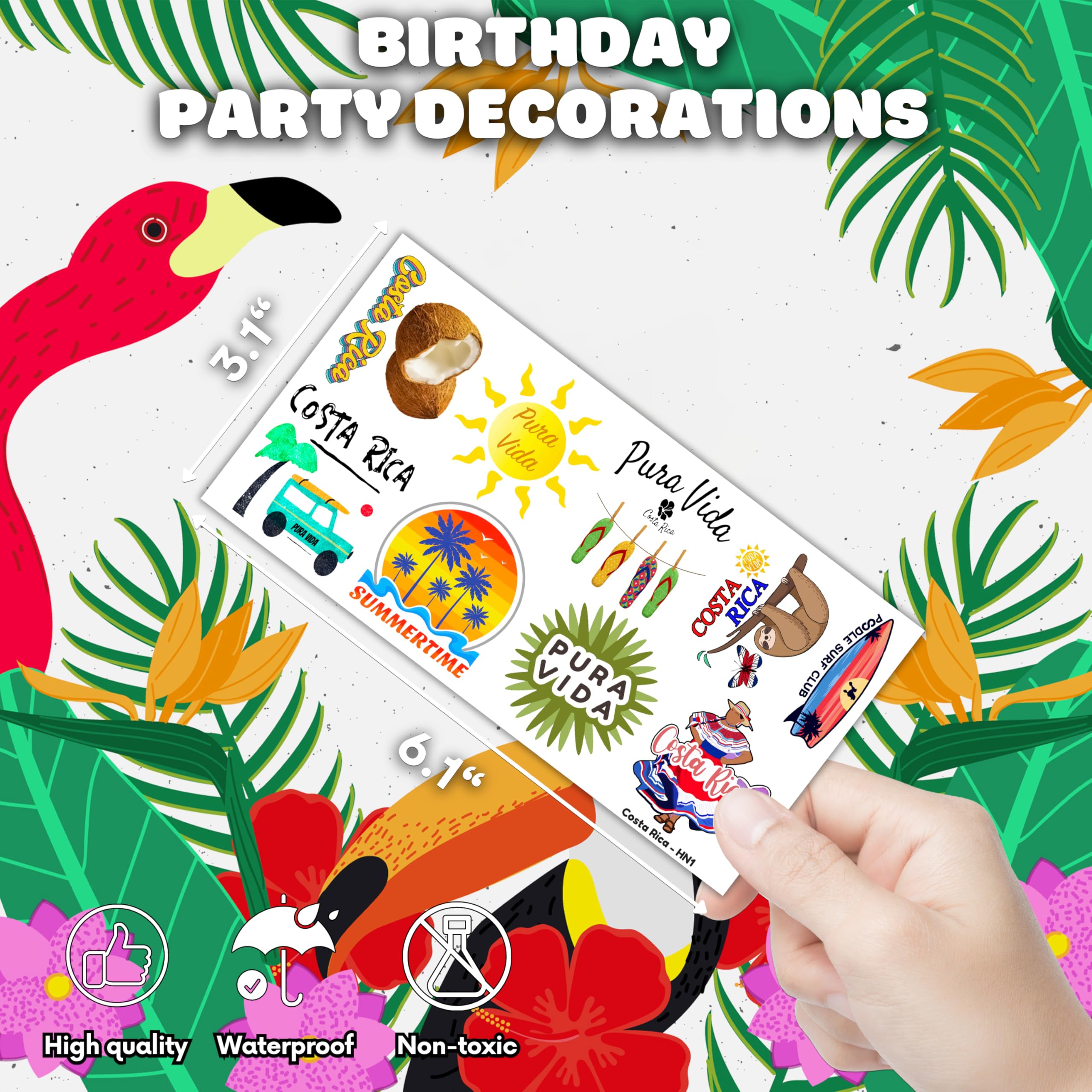 frawharmone Costa Rica Pura Vida 100PCS Temporary Tattoos – Kids Beach Party Stickers