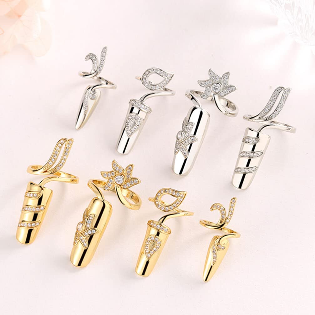 FRCOLOR 8 Pack Silver Nail Rings with Rhinestones – Opening Fingertip Jewelry for Women