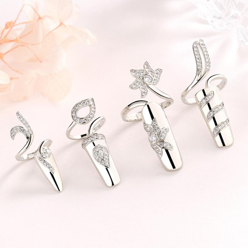 FRCOLOR 8 Pack Silver Nail Rings with Rhinestones – Opening Fingertip Jewelry for Women