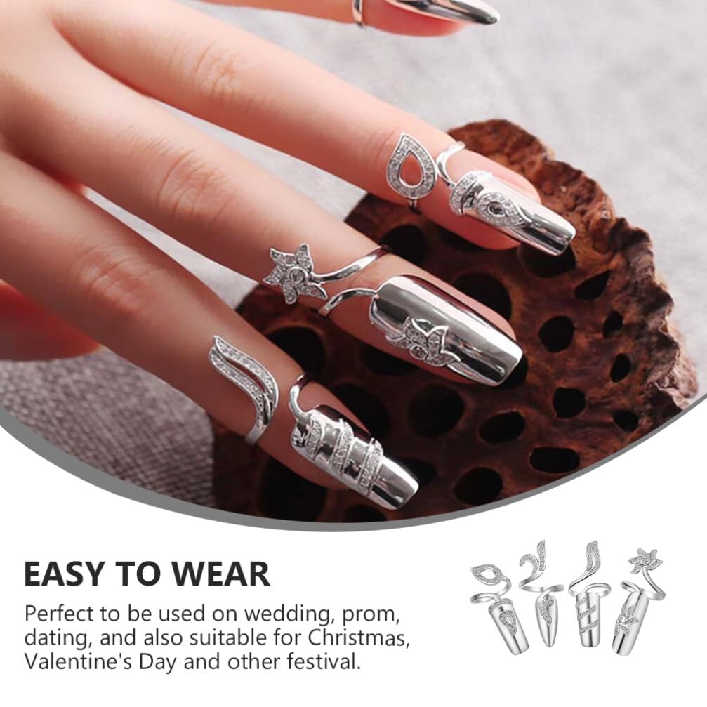 FRCOLOR 8 Pack Silver Nail Rings with Rhinestones – Opening Fingertip Jewelry for Women