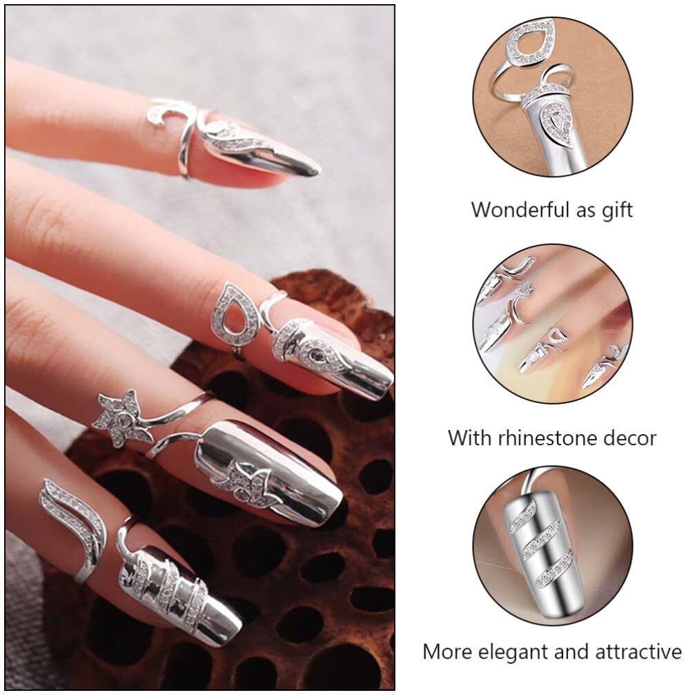 FRCOLOR 8 Pack Silver Nail Rings with Rhinestones – Opening Fingertip Jewelry for Women