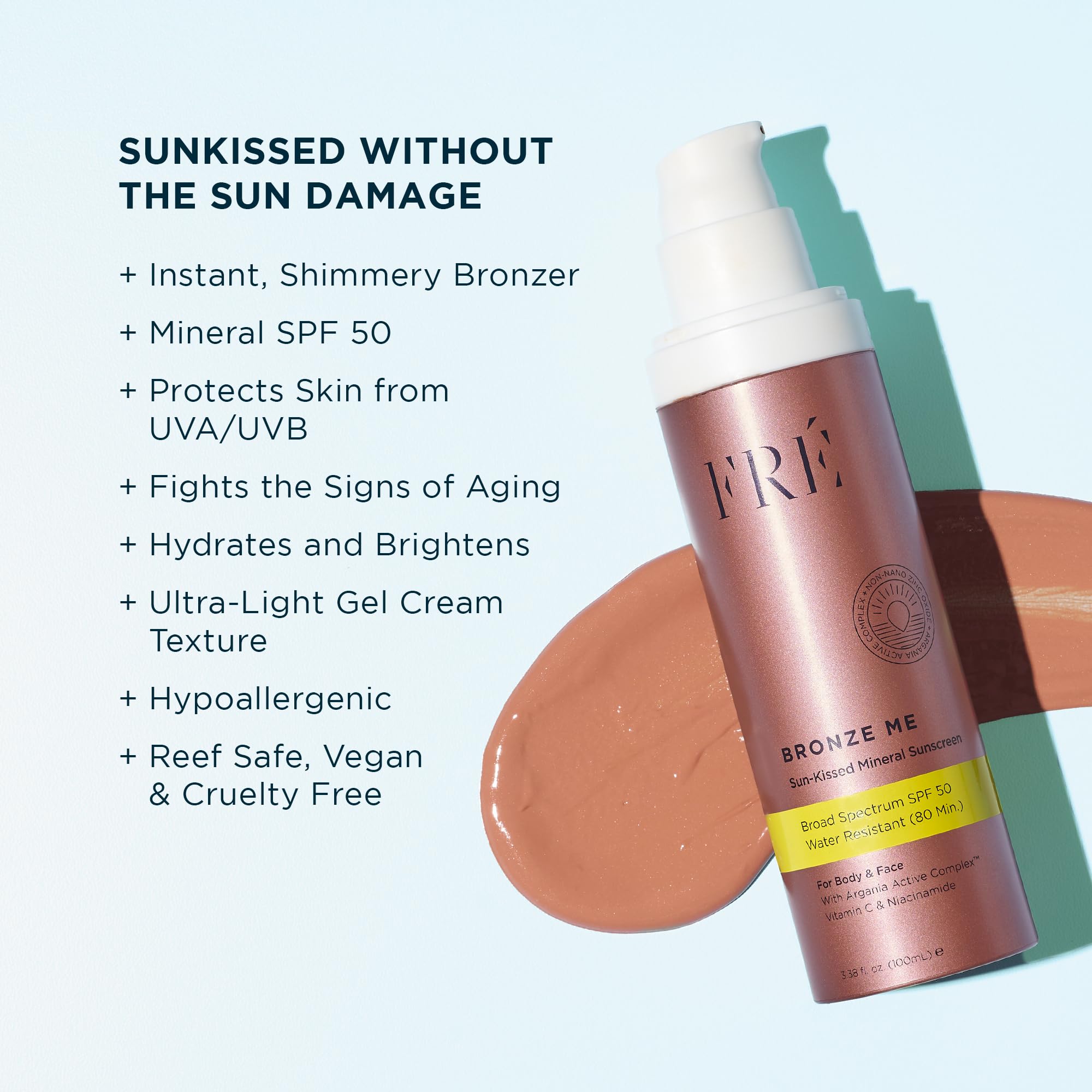FRÉ Bronze Me SPF 50 – Tinted Mineral Sunscreen for Face & Body, Instant Shimmer