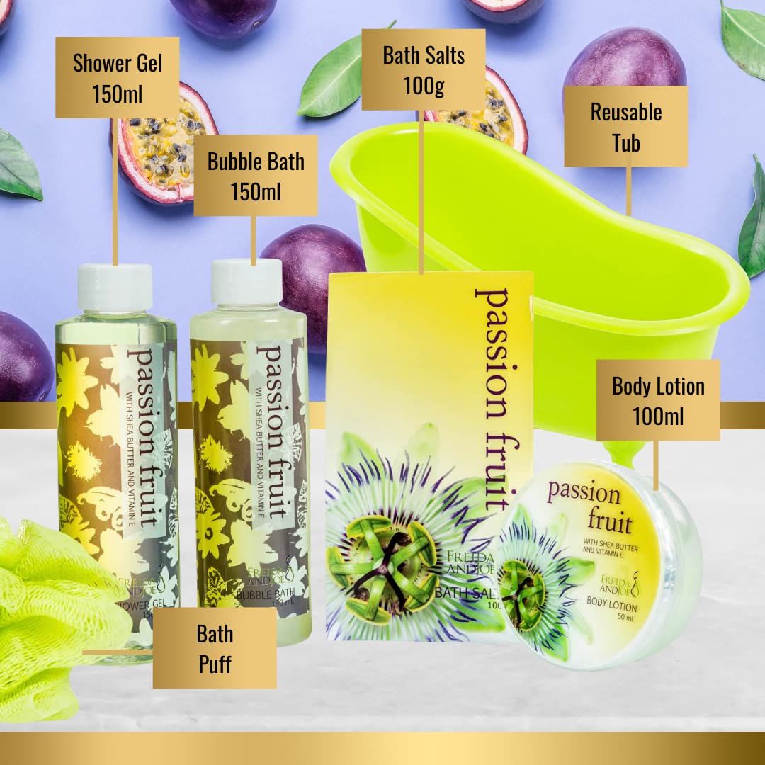 Freida and Joe Home Spa Bath Basket – Passion Fruit Bath & Body Set in Green Tub