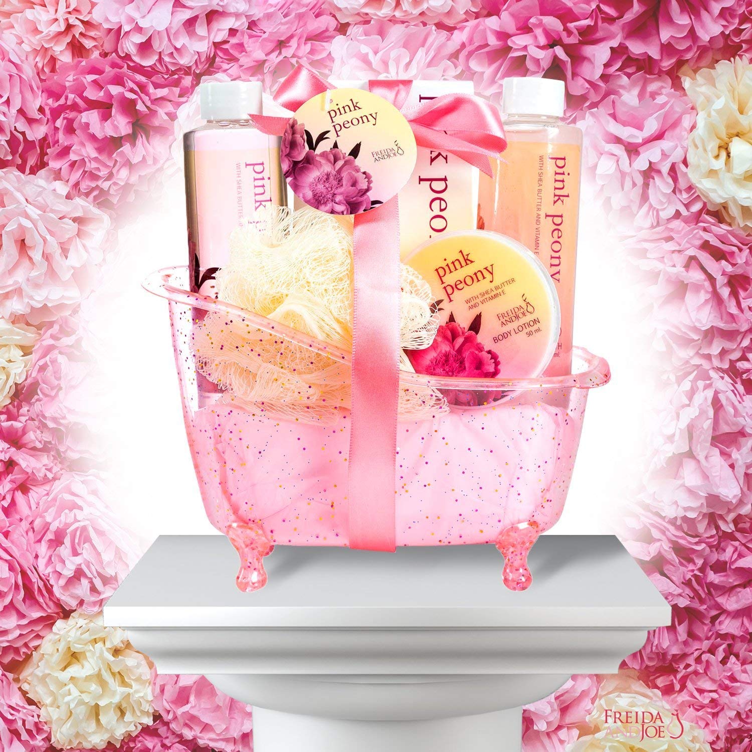 Freida and Joe Home Spa Peony Gift Basket – Valentines Set with Shower Gel, Bubble Bath, Body Lotion & Bath Salt