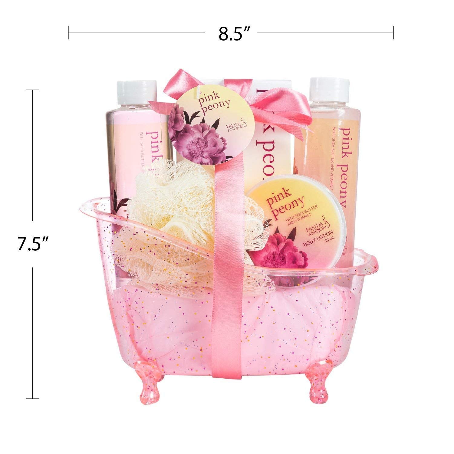 Freida and Joe Home Spa Peony Gift Basket – Valentines Set with Shower Gel, Bubble Bath, Body Lotion & Bath Salt