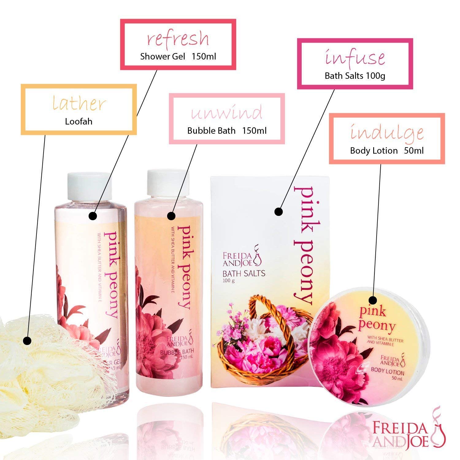 Freida and Joe Home Spa Peony Gift Basket – Valentines Set with Shower Gel, Bubble Bath, Body Lotion & Bath Salt