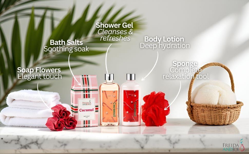 Freida and Joe Coconut Spa Gift Basket – Bath & Body Set with Shower Gel, Lotion, and Bath Salts