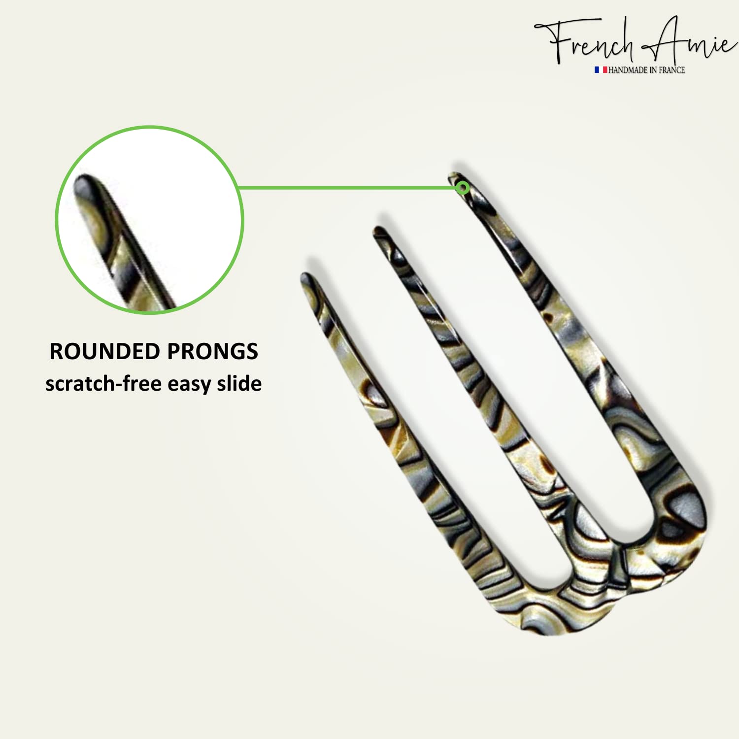 French Amie Tri Prongs Onyx Silver Grey 3-Inch Handmade Cellulose Acetate Bun Holder