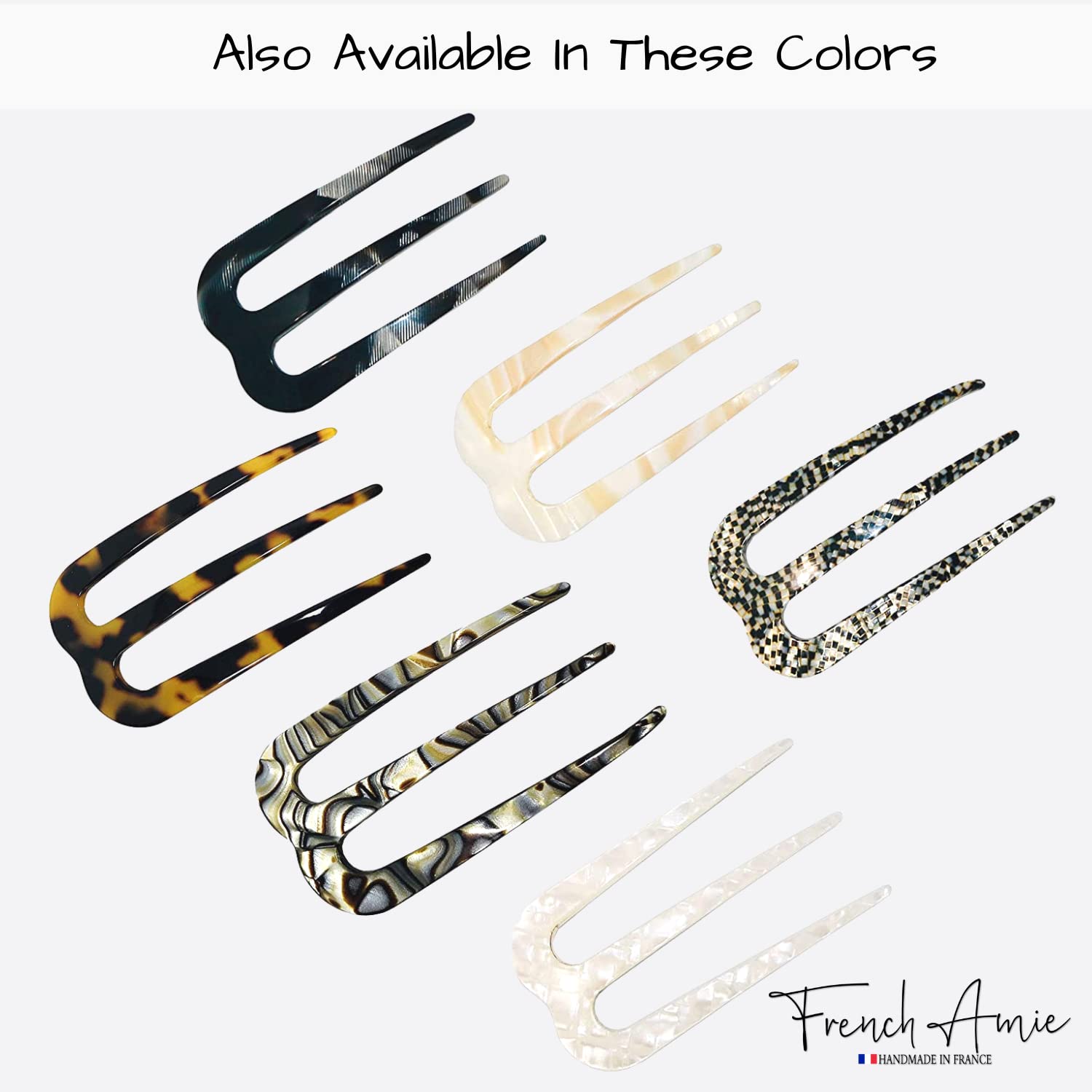 French Amie Tri Prongs Onyx Silver Grey 3-Inch Handmade Cellulose Acetate Bun Holder