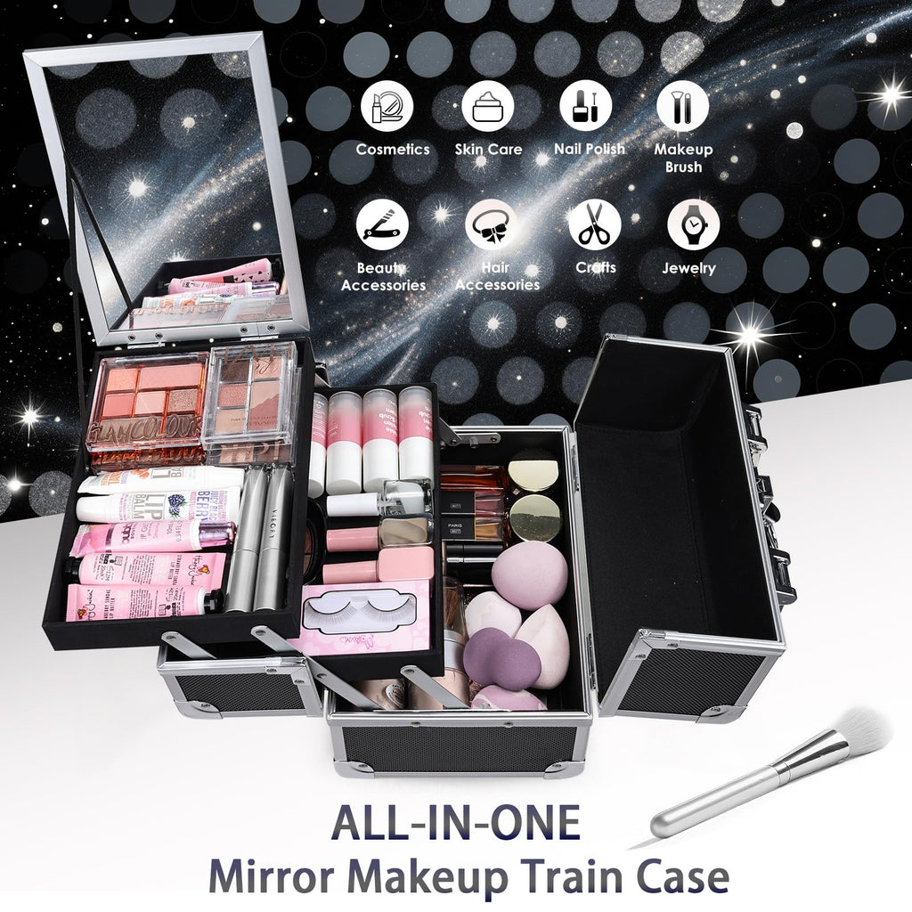 FRENESSA Makeup Case Organizer - Travel Vanity Box with Mirror, 2 Trays, Aluminum Hard Case, Black