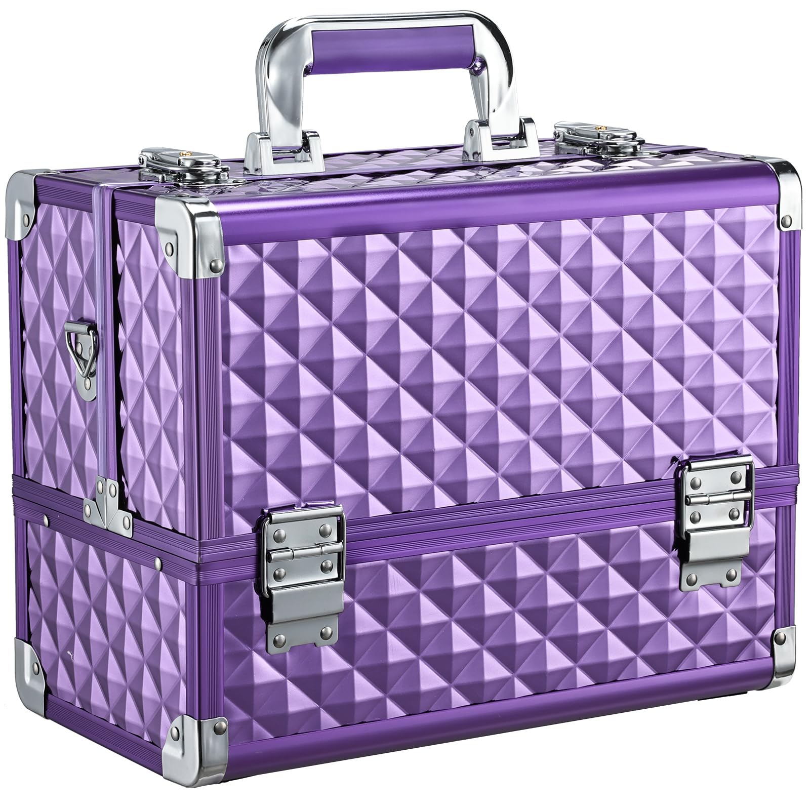 FRENESSA 12.6-Inch Makeup Train Case – 6-Tray Purple Portable Cosmetic Box with Lock & Strap